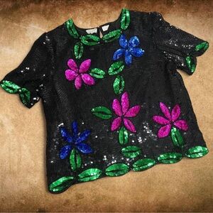 70s vintage Stenay sequin flower top with 3D sequins‎ Sz XL